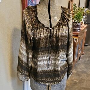 Parker Brand Women's Blouse 100% Silk Brown Cream Geometric Pattern Size M